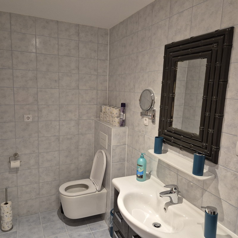 Bad mit Tiefspül-Hänge-WC, Waschtisch, Schminkspiegel in der Wohnung Dost im Langerhof, Hannersdorf Südburgenland