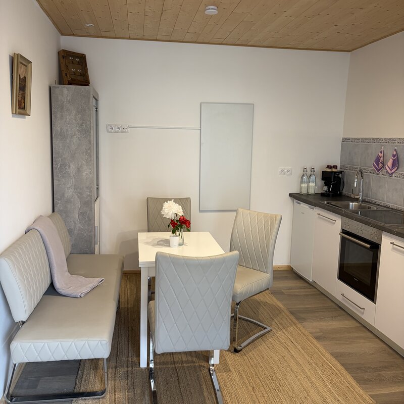 Küche der Ferienwohnung Holler mit weißer Küchenzeile und kompletter Ausstattung im Langerhof, Hannersdorf Südburgenland