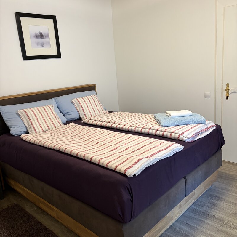 Wohnung Holler Schlafzimmer mit Boxspringbett und Klimaanlage im Langerhof Hannersdorf Suedburgenland