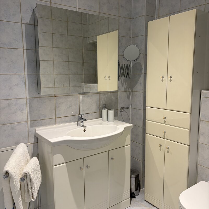Modernes Badezimmer mit Schrank und Schminkspiegel in der Wohnung Holler mit Infrarotheizung im Langerhof Hannersdorf Suedburgenland