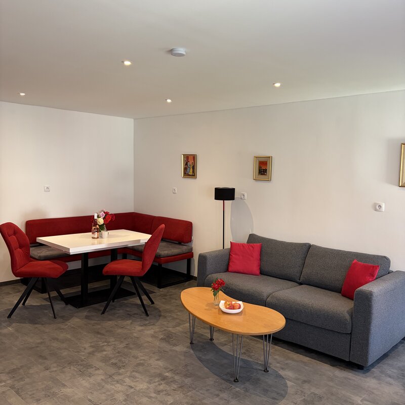 Große Wohnküche mit Essplatz und Doppelschlafcouch in der Wohnung Dost im Langerhof Hannersdorf, Süd Burgenland
